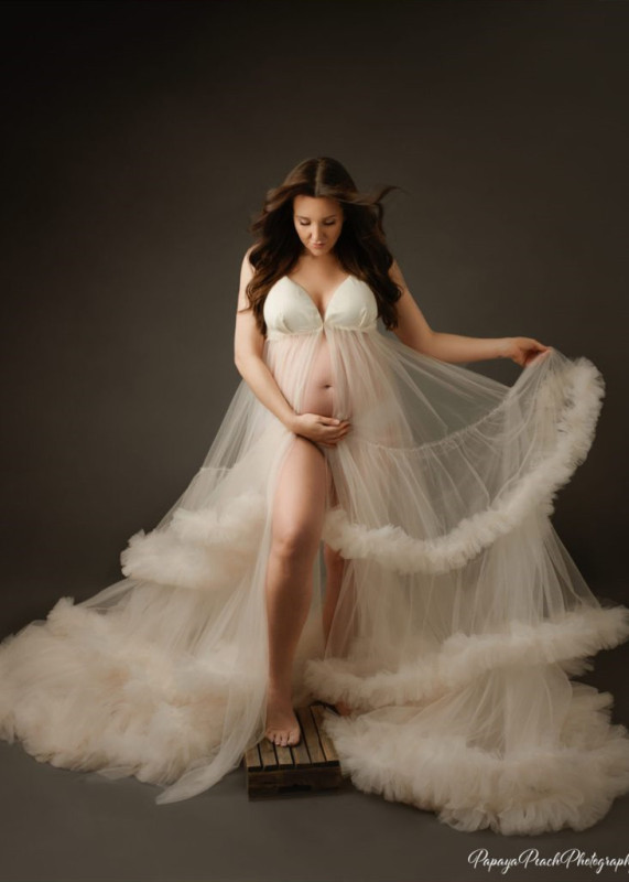 Light Champagne Tulle Open Front Maternity Dress