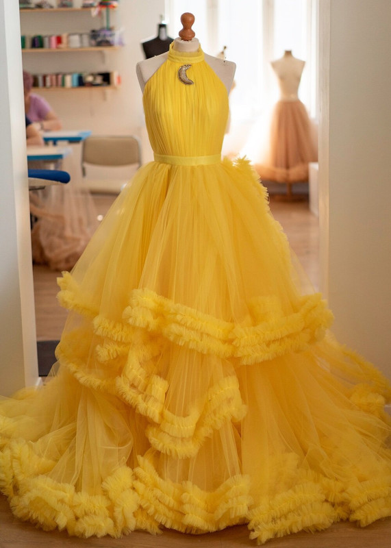 Halter Yellow Tulle Clouds Prom Dress