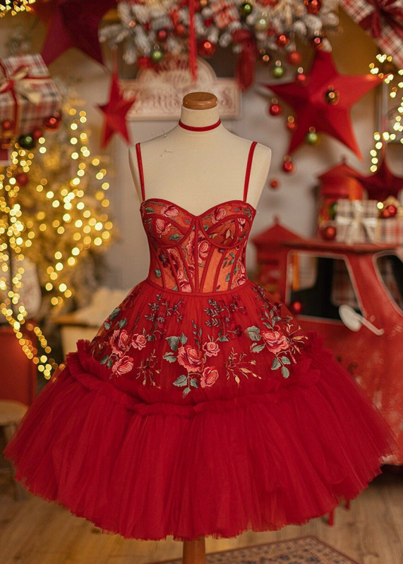 Red Lace Tulle Short Prom Dress