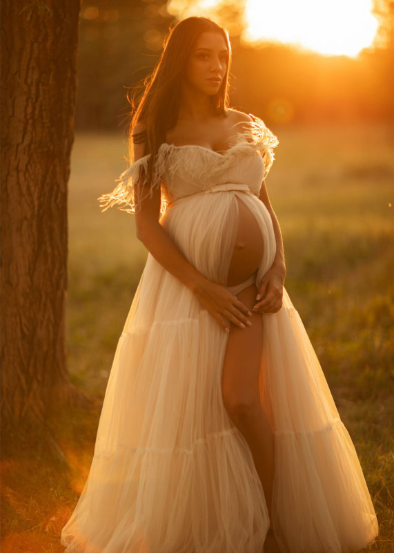 Cream Tulle Feather Maternity Dress/Photoshot Dress