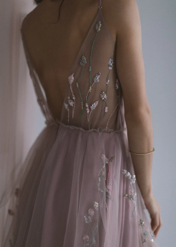 Mauve Lace Beaded Wedding Dress