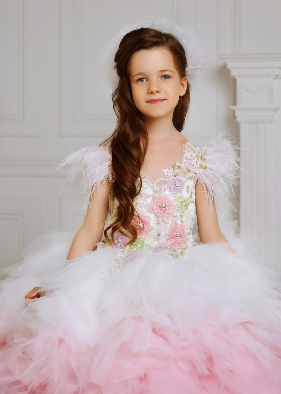 Mix Color Tulle Ruffled Beaded Girls Pageant Dress