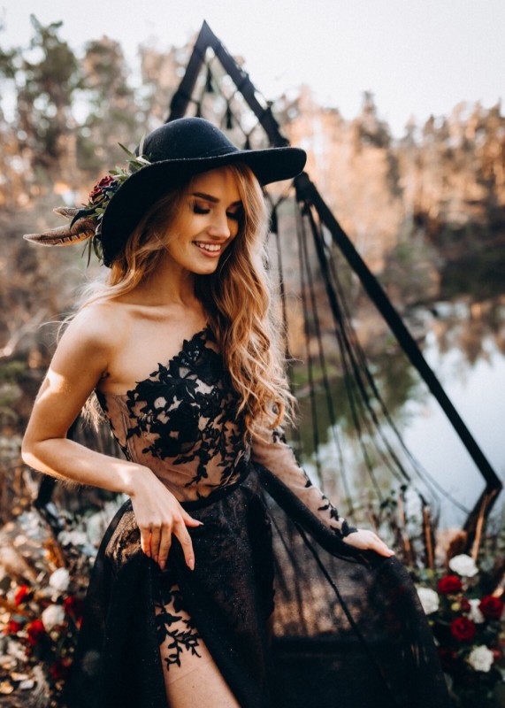 One Shoulder Black Lace Tulle Prom Dress