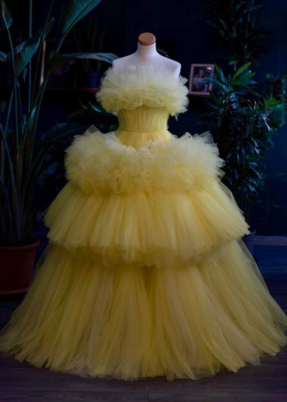 Yellow Tulle Tiered Chic Prom Dress