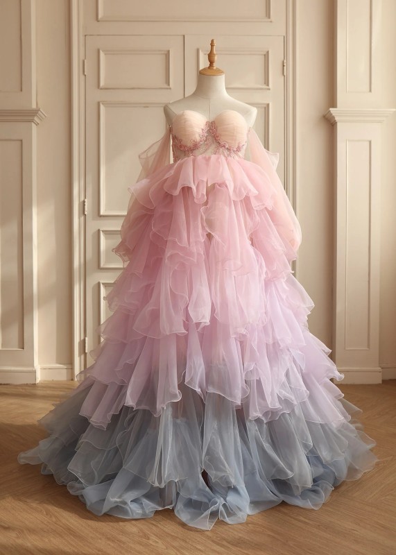 Pink Lace Organza Layered Mother And Kids Photoshoot Dress