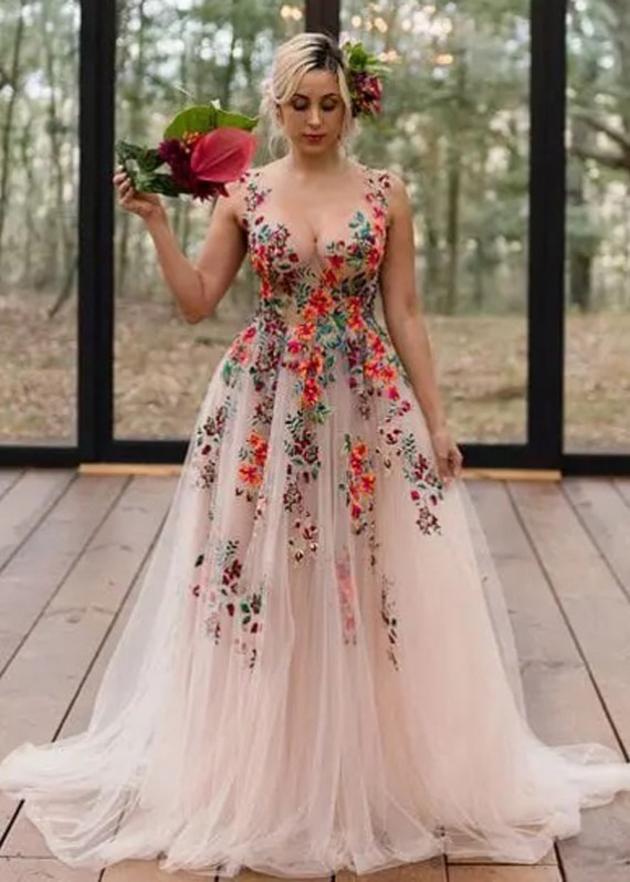 V Neck Lace Tulle Elegant Floral Wedding Dress