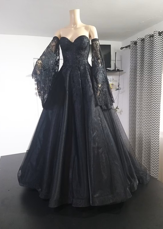 Black Lace Tulle Unique Wedding Dress