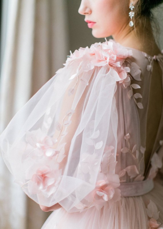 Blush Pink Slit Back Chic Floral Wedding Dress