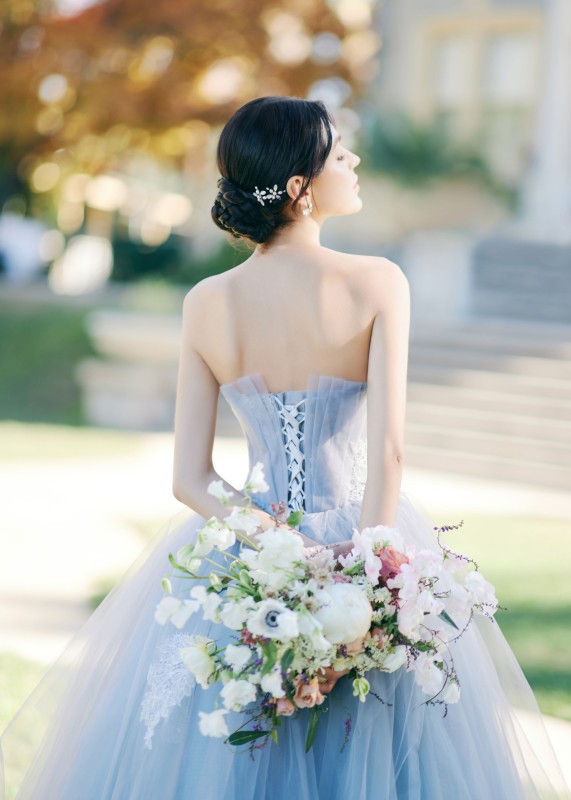 Strapless Blue Lace Tulle Awesome Wedding Dress