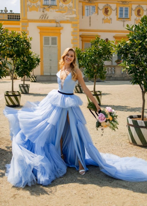 Blue Tulle Slit Tiered Wedding Dress