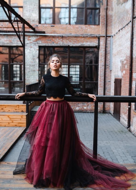 Dark Red Tulle Newest Maxi Wedding Skirt