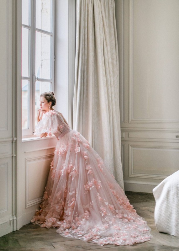 Blush Pink Slit Back Chic Floral Wedding Dress