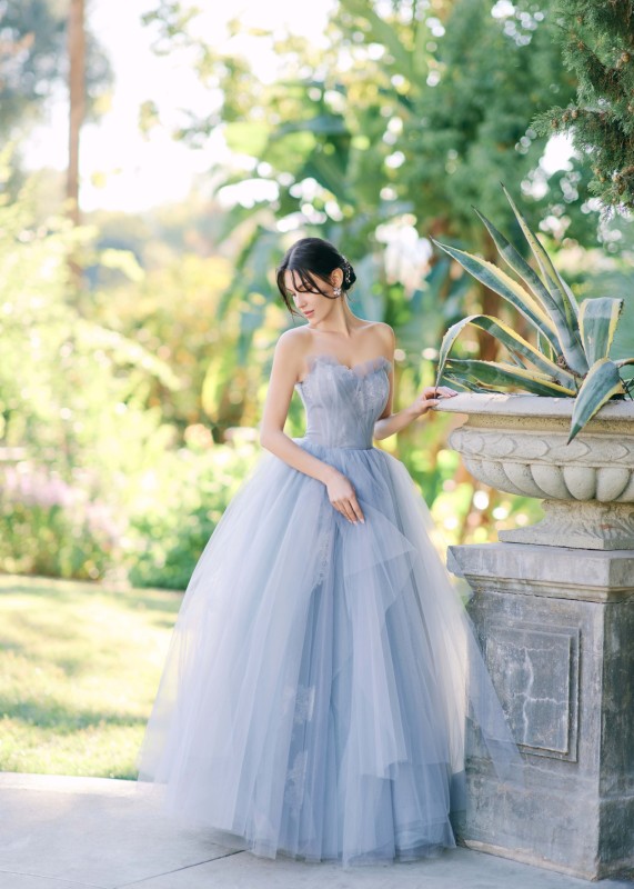 Strapless Blue Lace Tulle Awesome Wedding Dress