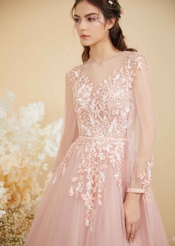 Long Sleeves Blush Pink Lace Tulle Floral Wedding Dress