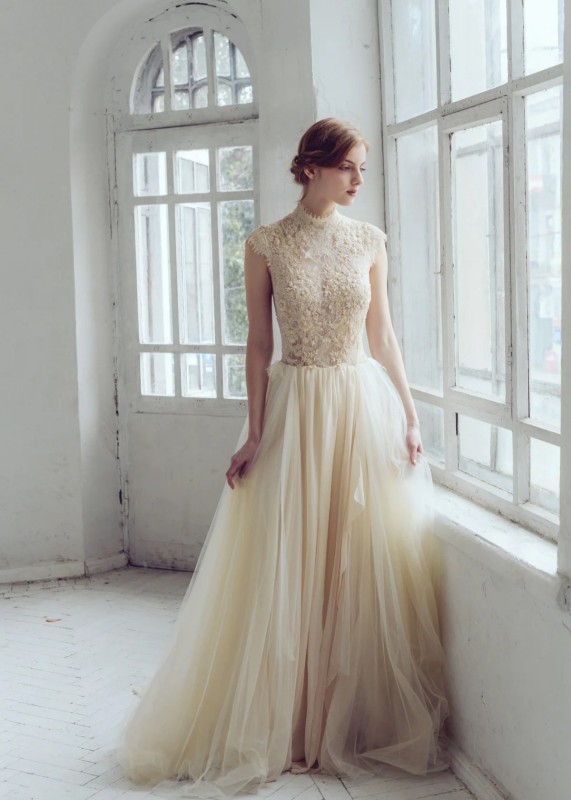 Beaded Beige Lace Tulle Romantic Wedding Dress