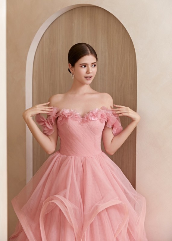 Off Shoulder Pink Tulle Gorgeous Wedding Dress