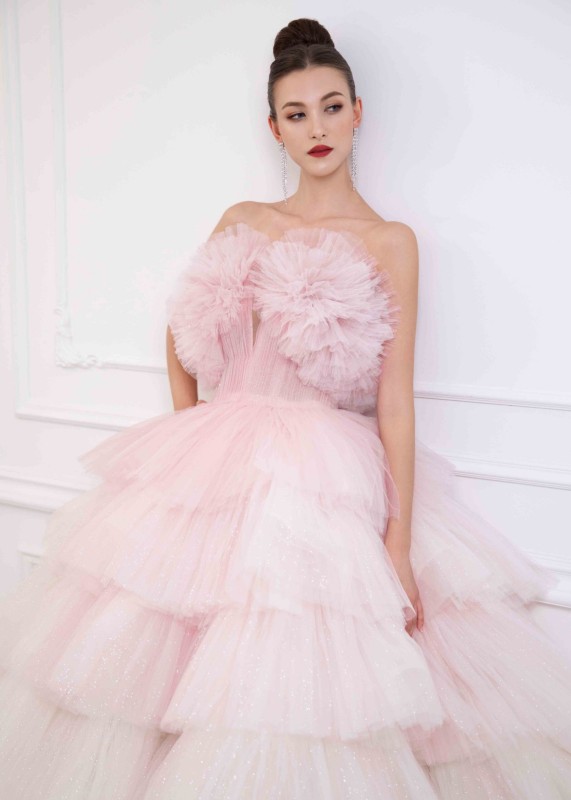 Strapless Pink Tulle Tiered Sparkly Wedding Dress