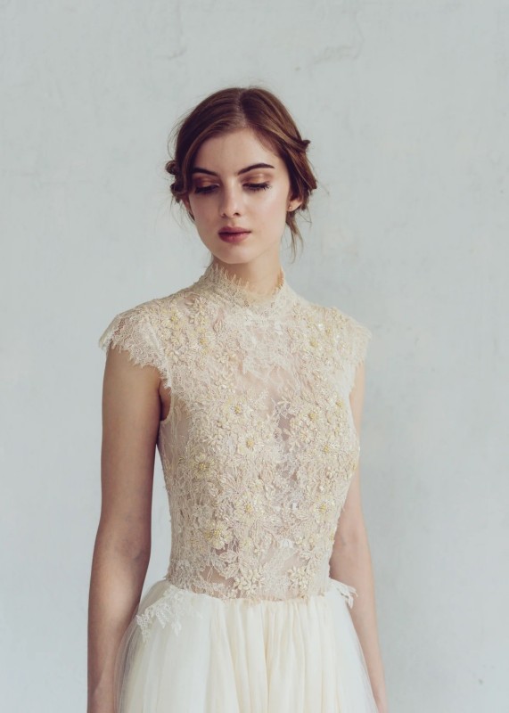 Beaded Beige Lace Tulle Romantic Wedding Dress