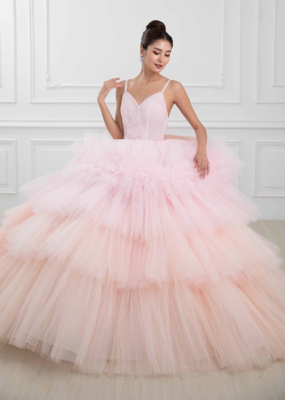 Thin Straps Pink Tulle Tiered Wedding Dress