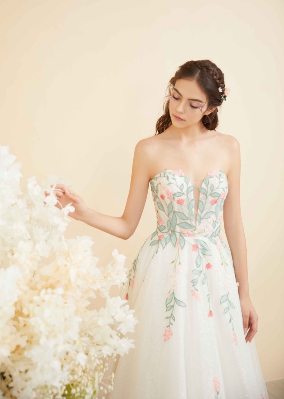 Green Lace Tulle Floral Wedding Dress With Cape