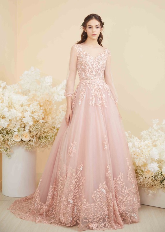Long Sleeves Blush Pink Lace Tulle Floral Wedding Dress