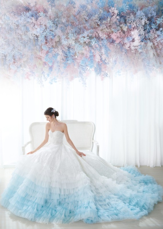 Strapless Blue Lace Tulle Ruffled Princess Wedding Dress