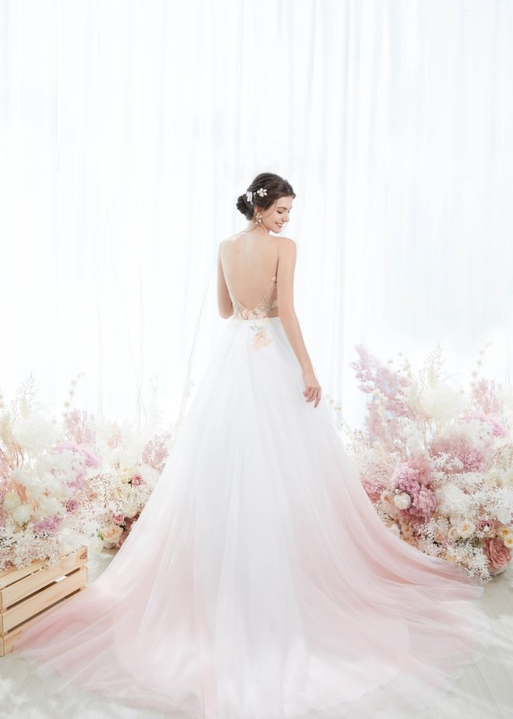 Pink Lace Tulle V Back Fairy Wedding Dress