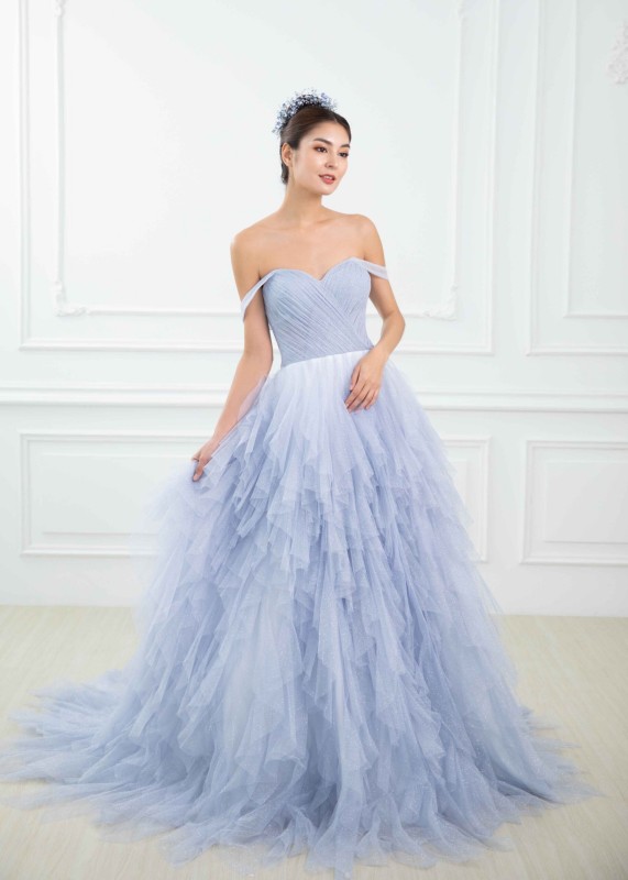 Off Shoulder Blue Glitter Tulle Fashionable Wedding Dress
