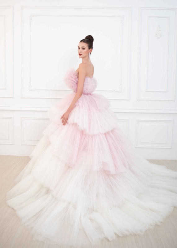 Strapless Pink Tulle Tiered Sparkly Wedding Dress