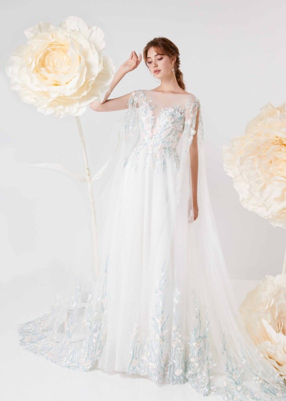 Open Sleeves Blue Lace Tulle Fairy Wedding Dress