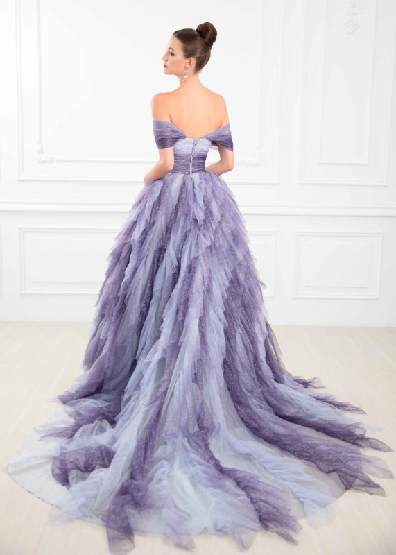 Off Shoulder Purple Glitter Tulle Beautiful Wedding Dress