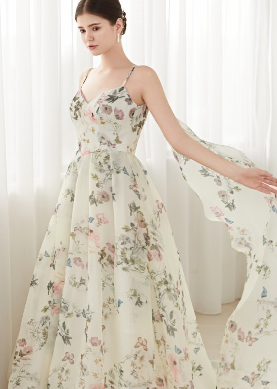 Champagne Printed Organza Spring Wedding Dress