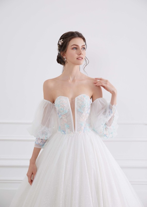 Strapless Blue Embroidered Lace Tulle Floral Wedding Dress