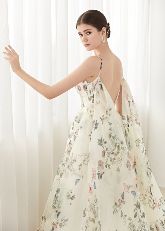 Champagne Printed Organza Spring Wedding Dress