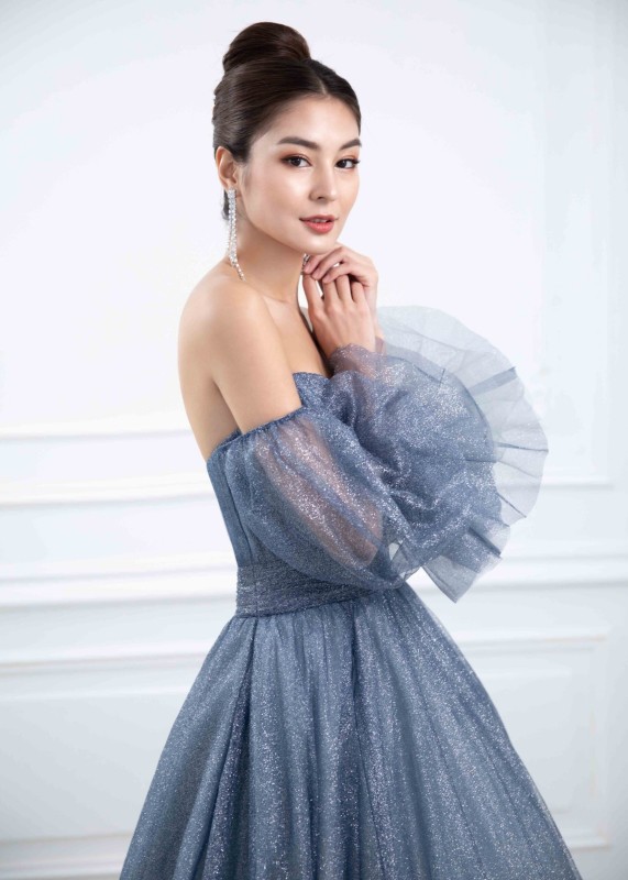 Dusty Blue Tulle Sparkly Modern Wedding Dress