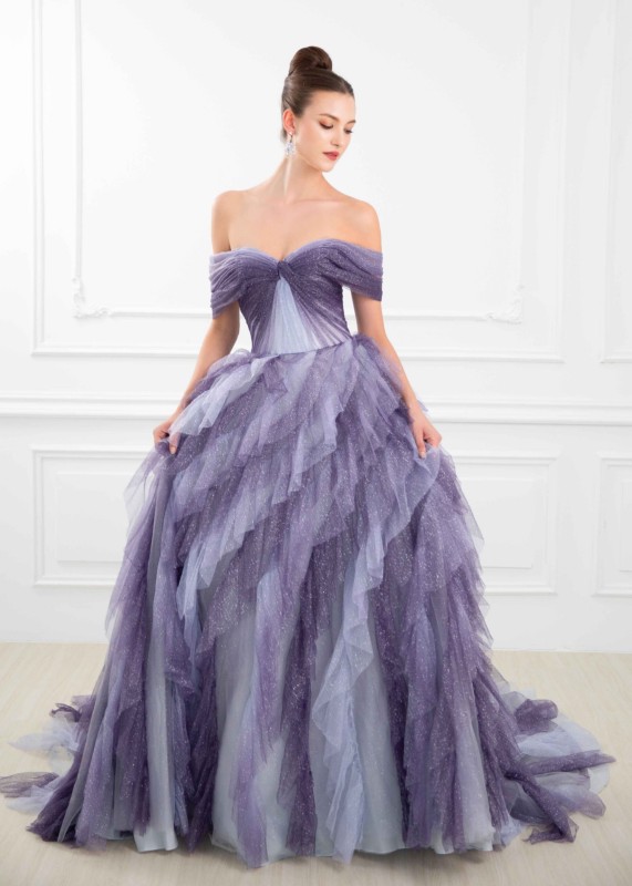 Off Shoulder Purple Glitter Tulle Beautiful Wedding Dress