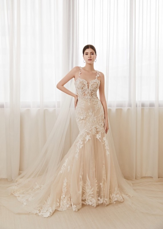 Beaded Champagne Lace Tulle Mermaid Wedding Dress