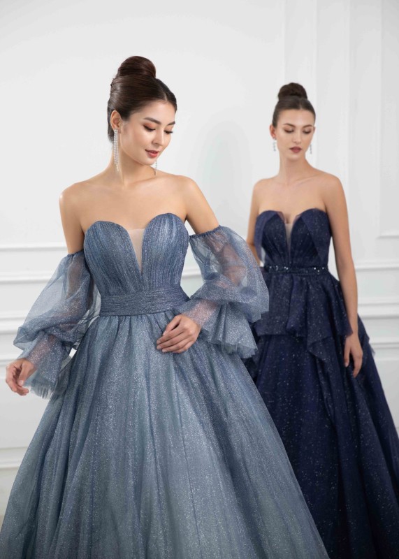 Dusty Blue Tulle Sparkly Modern Wedding Dress