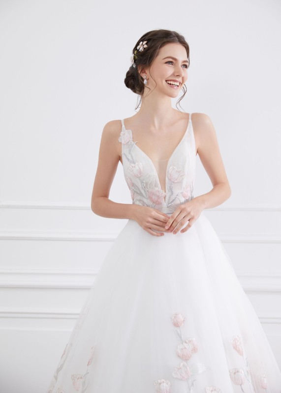 Pink Lace Tulle Corset Back Romantic Wedding Dress