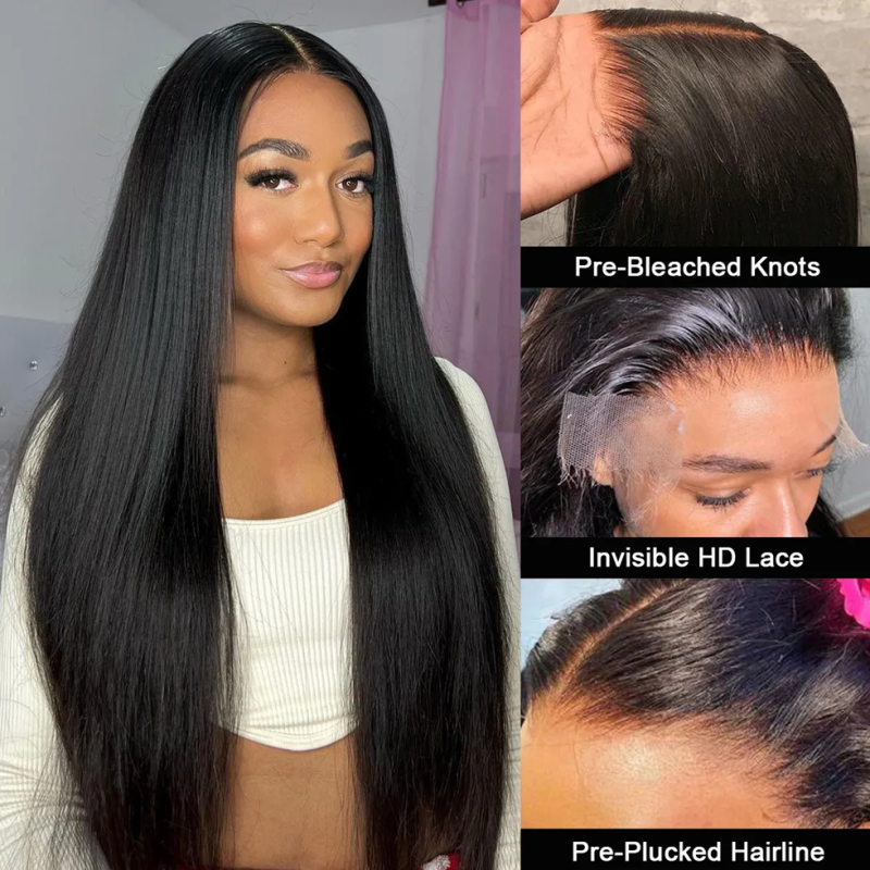 13×4 Skin Melt Glueless HD Lace Front Wigs Pre-Bleached Knots Straight Hair Full Frontal Human Hair Wigs