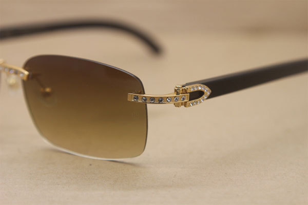 Hot Cartier Big Diamond Rimless Glasses 8200759 Black Buffalo horn Rimless Sunglasses Genuine horn Sunglasses In Gold Brown Lens