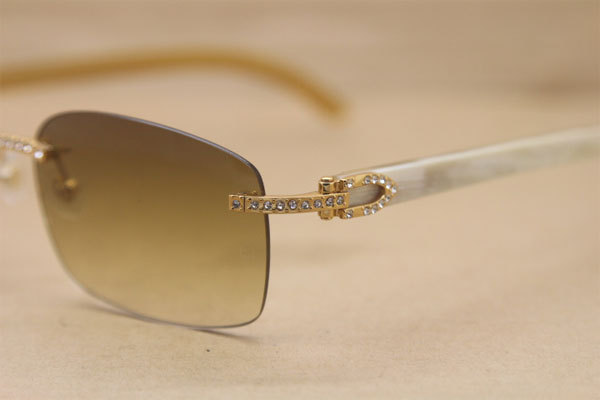 Hot Cartier Rimless Diamond Glasses brand 8200759 Buffalo horn Sunglasses White Genuine horn Sunglasses