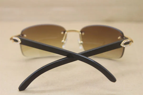 Cartier Rimless Smaller Big Stones T8200497 Black Buffalo Horn Sunglasses in Gold Brown Lens