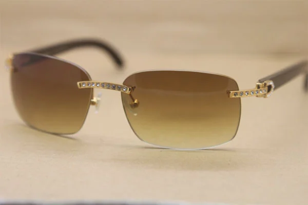 Cartier Rimless Smaller Big Stones T8200497 Black Buffalo Horn Sunglasses in Gold Brown Lens