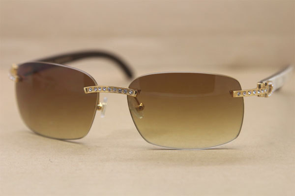 Cartier Rimless Smaller Big Stones T8200497 Black Mix WHite Buffalo Horn Sunglasses in Gold Brown Lens