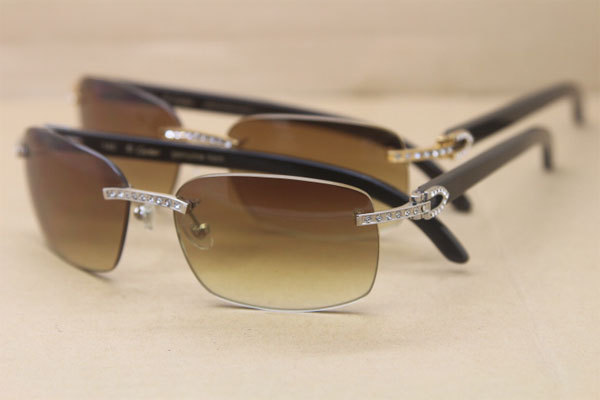 Cartier Rimless Smaller Big Stones T8200497 Black Buffalo Horn Sunglasses in Gold Brown Lens