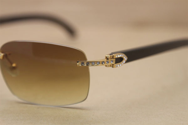 Cartier Rimless Smaller Big Stones T8200497 Black Buffalo Horn Sunglasses in Gold Brown Lens