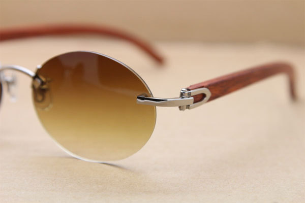 Cartier CT 5124018 18K Gold Rimless Carved Wood Trimming Lens Sun Glasses Wood Sunglasses in Gold Brown Lens Hot