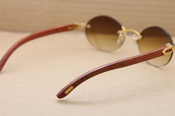 Cartier CT 5124018 18K Gold Rimless Carved Wood Trimming Lens Sun Glasses Wood Sunglasses in Gold Brown Lens Hot