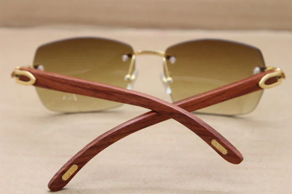 Cartier CT 8100905 Gold Brown Lens Rimless T8100904 Original Wood Sunglasses